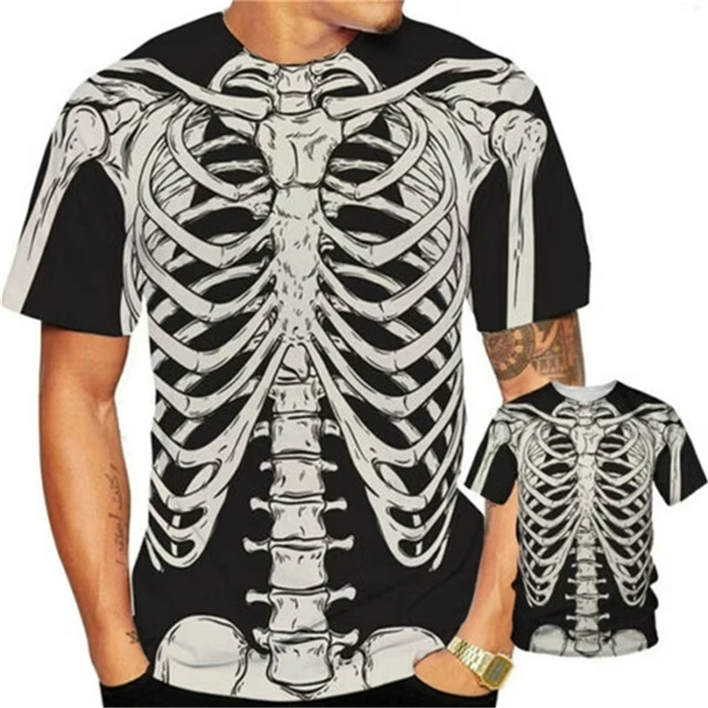 Herren Halloween 3D Skelett-Knochen Allover-Print Kurzarm Rundhals T-Shirt Festtags-Party Casual Top Herrenbekleidung – Detail 5
