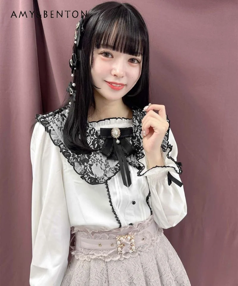 

Japanese Single Rojita Sailor Suit Cute Doll Collar Lace Shirts Mine Puff Sleeve Lace-up Blouse Women Autumn New Sweet Camisas