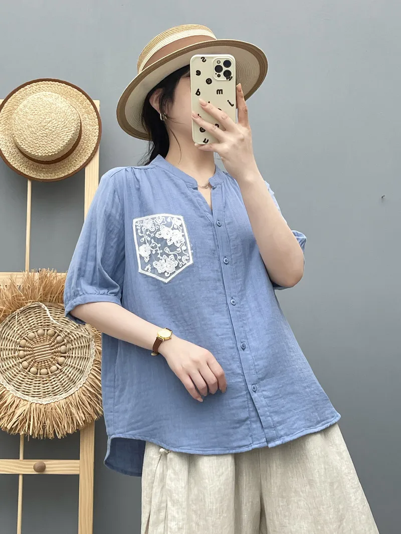 New 2025 Summer Cotton Yarn Half Sleeve Shirt, Women V Neck Lace Pocket, Mori Girl French OL Comfortable Loose Blouse T56687CC