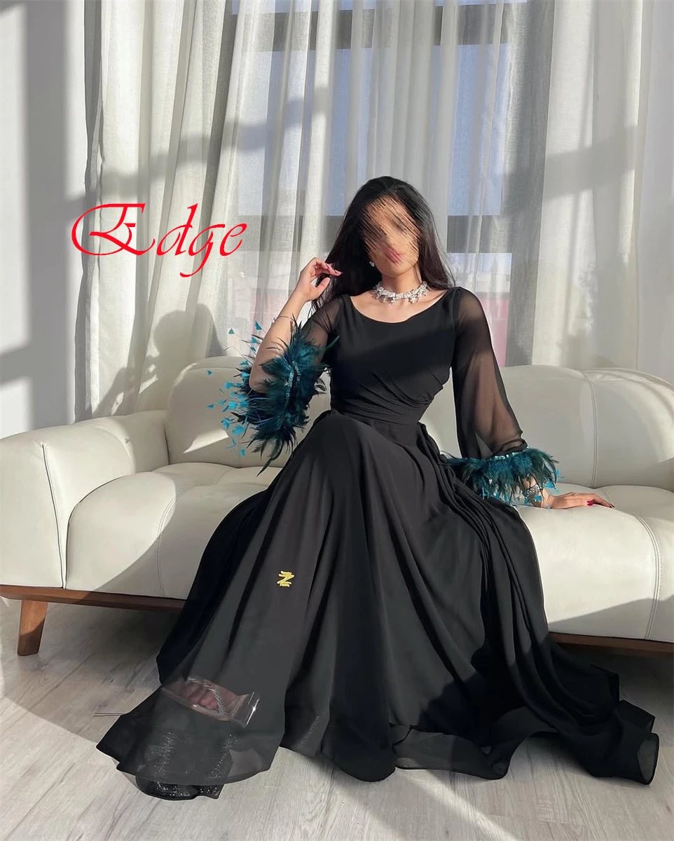 

Customized Exquisite Black Chiffon Evening Dress High Quality Scoop Long Sleeves Open Back Feathers Special Occasion Gowns