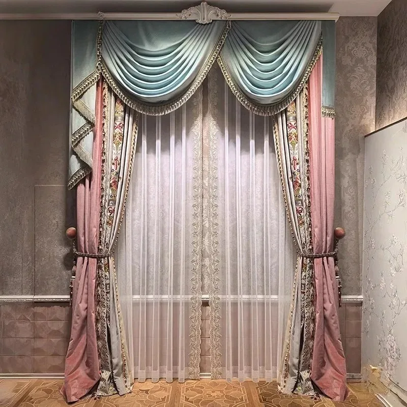 French Pink Embroidered Beige Patchwork Velvet Curtains for Living Room Bedroom Partition Curtains Villa Custom Embroidered