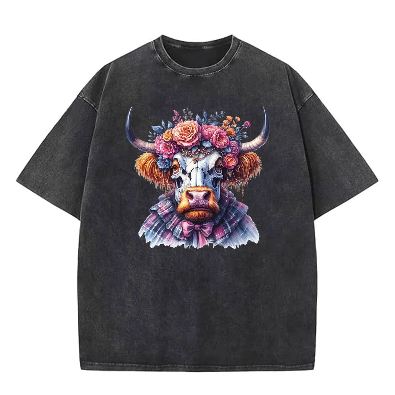 تي شيرت بقرة مع زهور 100% That Witch للرجال من القطن كبير الحجم، تي شيرت برسومات مغسولة، تي شيرت عتيق ملابس الشارع للصيف #1