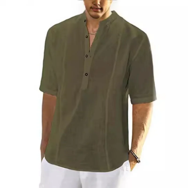 Men Linen Shirts Summer Casual Mid Sleeved Hawaiian Shirt Beach Clothing Fashion Youth Brand Blouse Tee Shirt Homme