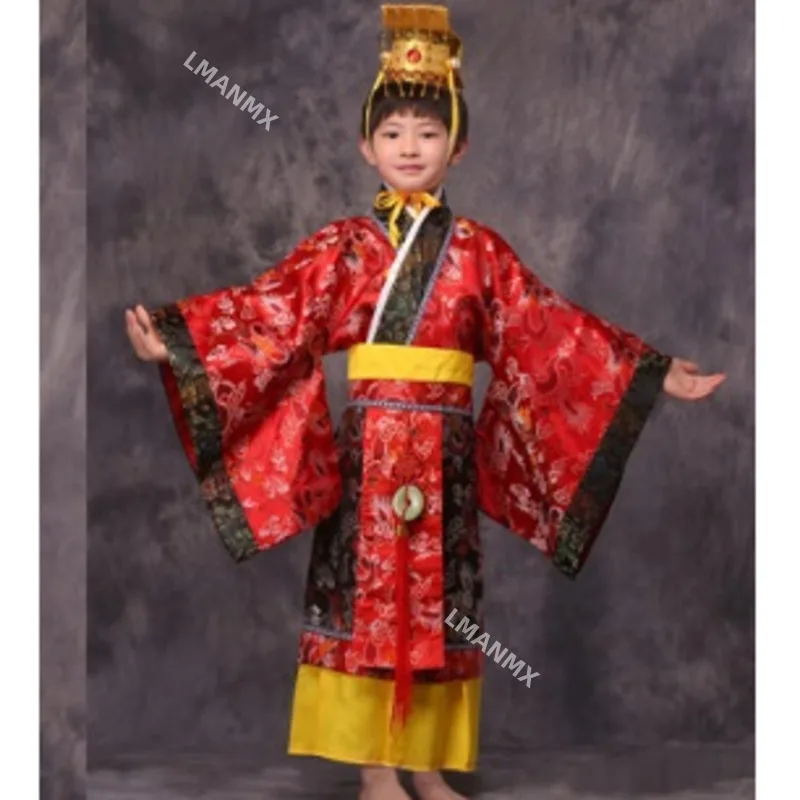 kind chinese traditionele hanfu jurk mannen jongens keizer koning Podium rode Kleding kinderen kostuums tang pak kinderen gewaad + hoed sets