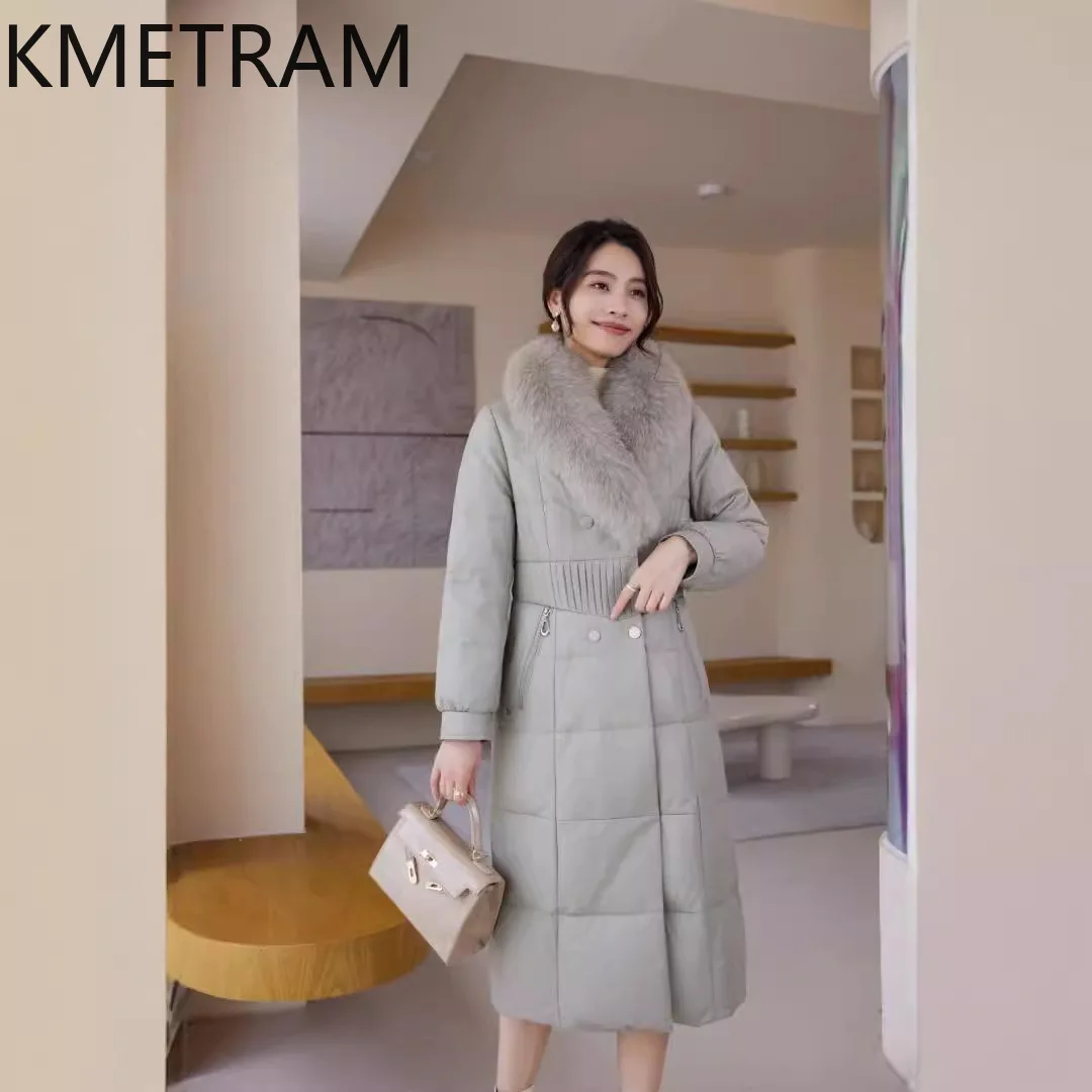 Pufferjacke aus 100 % Schaffell für Damen, hochwertiges echtes Leder, lange Daunenmäntel mit Fuchspelzkragen, Winterkleidung, 2025, Arteхок