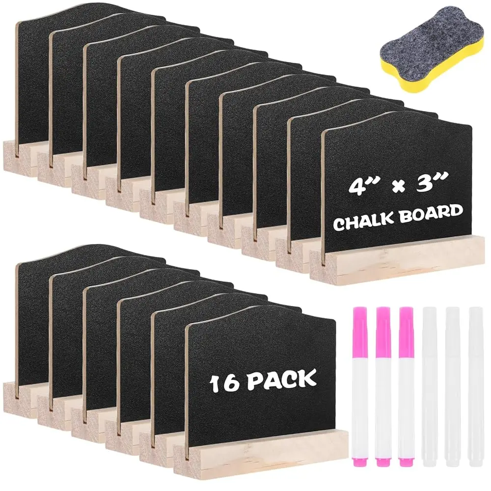 

23Pcs Mini Chalkboard Signs With Stand With 16 Pa Reusable Wooden Tabletop Chalkboard 4 X 3 H, Buffet Food Signs For Party Bla