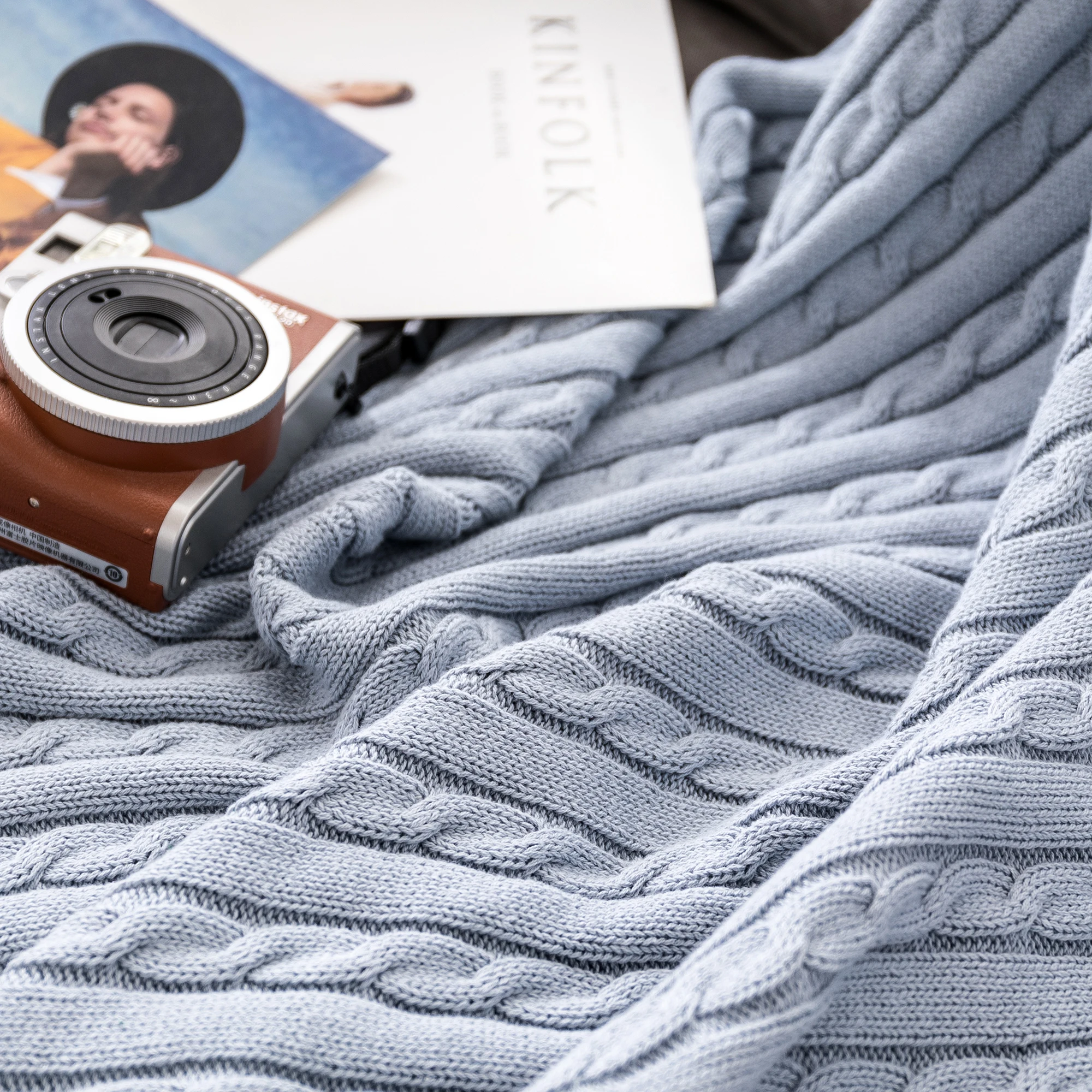 Battilo Cotton Knitted Throw Blanket Soft Cozy Cable Knit Sofa Throws Large Heavyweight Decorative Blanket for Twin Queen Bed