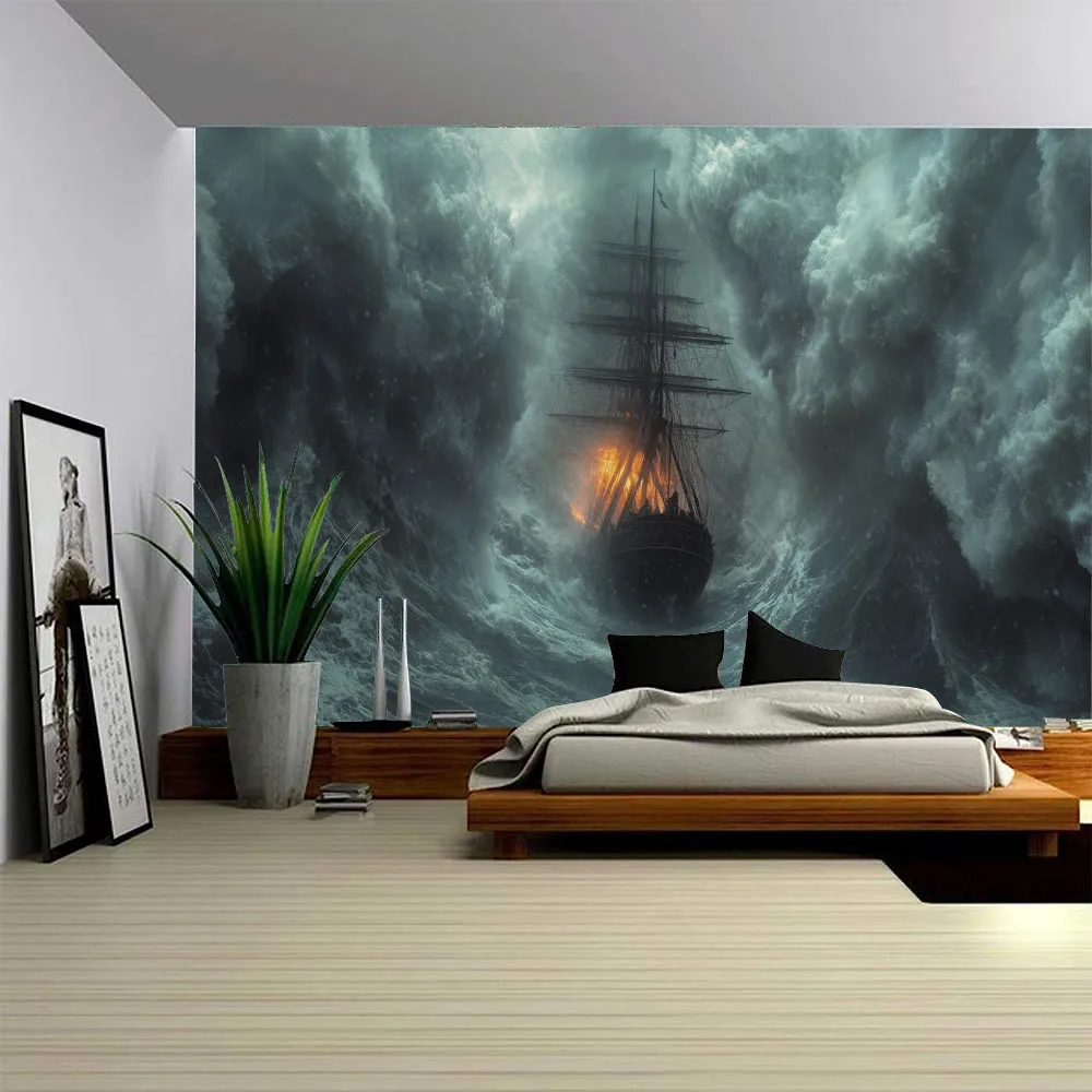 Psychedelic Pirate Ship And Sea Waves Tapestry Fabric Wall Decoration Aesthetic Room Background Hanging Decor