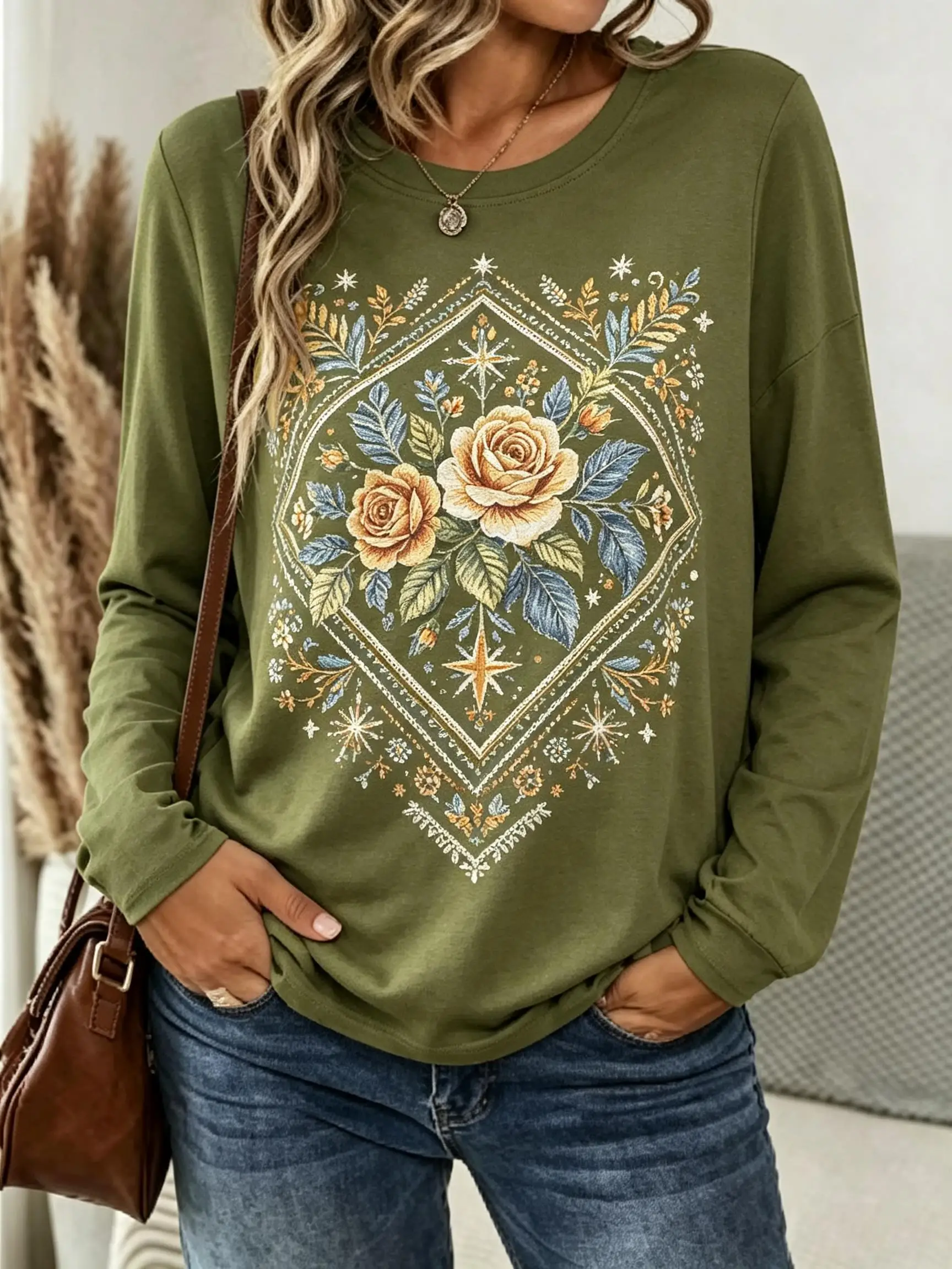 Women Long Sleeve Tee Top Desert Cactus Sunset Frame Print Autumn Fashion Casual Round Neck Sweatshirt Women's Clothes