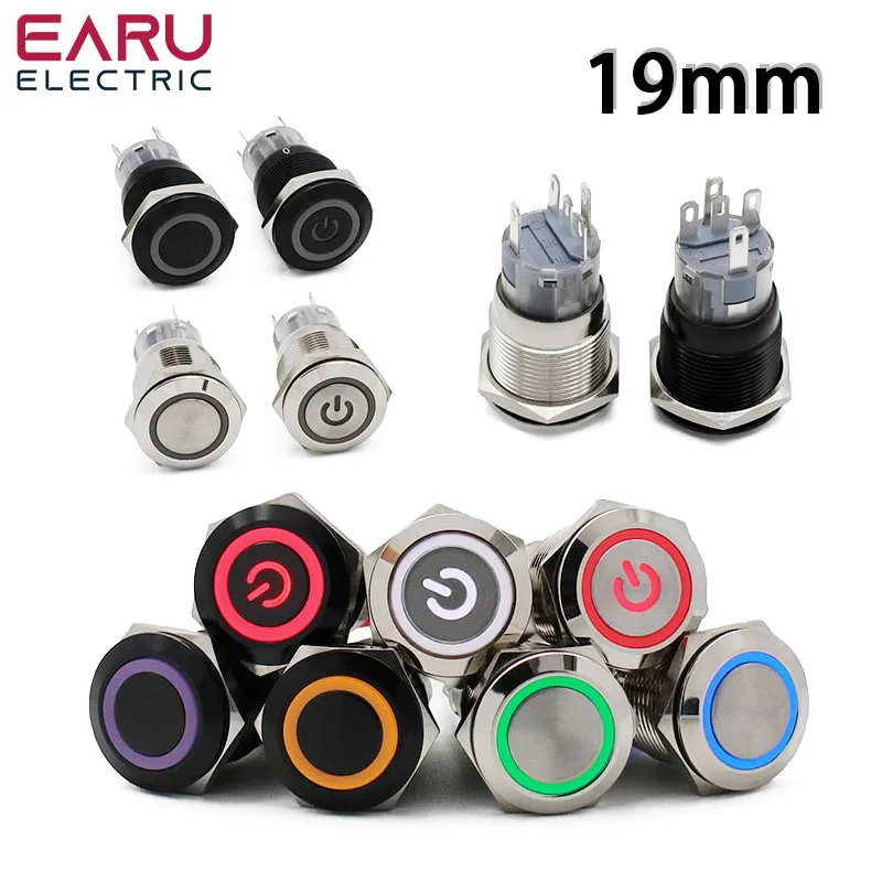 19mm New Waterproof Metal Push Button Switch LED Light Anodize Oxide Black Momentary Latching Car Engine PC Power Switch 3-380V