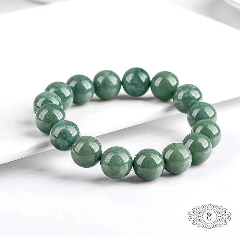 

Rich Deep Bean Green Jade Bead Bracelet, Natural A-Grade Smooth Polished Round Beads, Elegant Stretch Bracelet