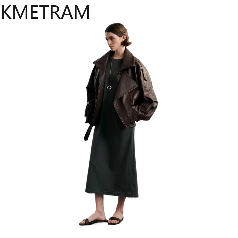 KMETRAM Genuine Sheepskin Leather Jacket Woman Fashion Oversized Moto Coats High Quality Autumn Coat 2026 Women Clothes jaqueta