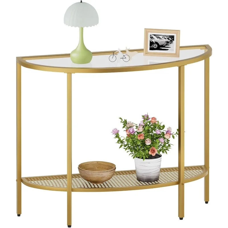 Glass Half Moon Console Table 2 Tier Narrow Entryway Table with L Frames, Modern Couch Table Small Entry Way Tables,