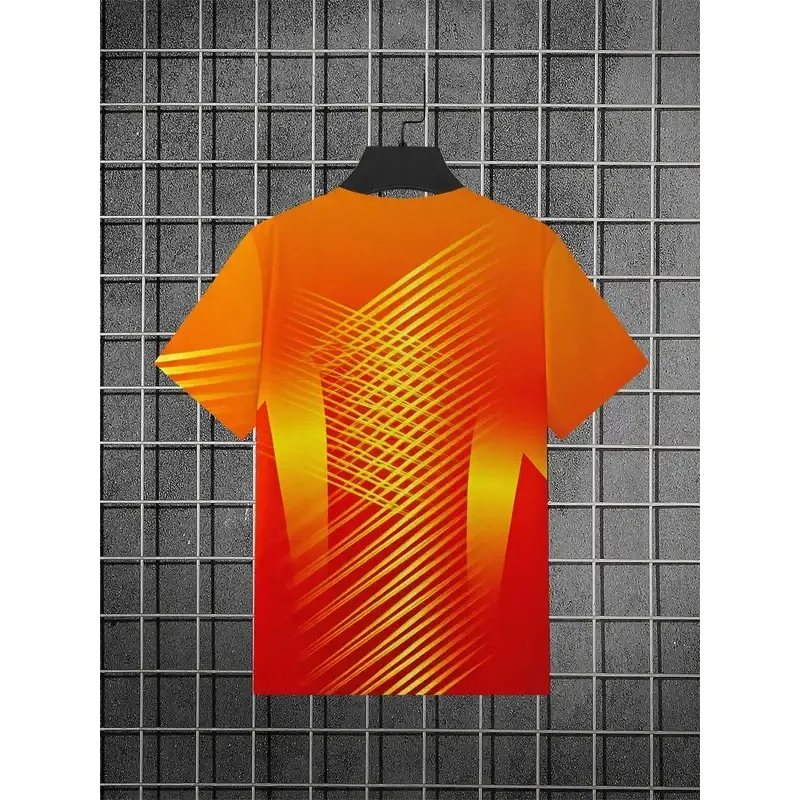 Men's Quick Dry T Shirt High Elasticity Red Orange Gradient Cross Stripe Print Short Sleeve Crew Neck Breathable