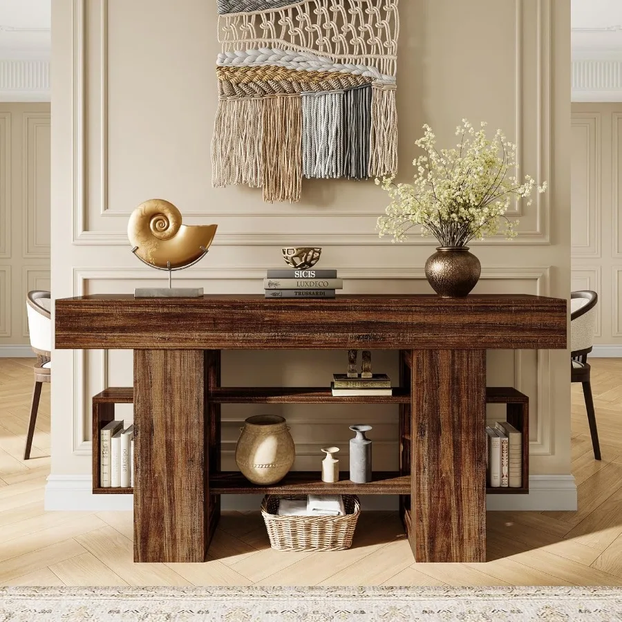 63 Inch Console Table with Storage Looped Frame 3Tire Wooden Sofa Table Behind The Couch Farmhouse Entry Foyer Table for Entryw