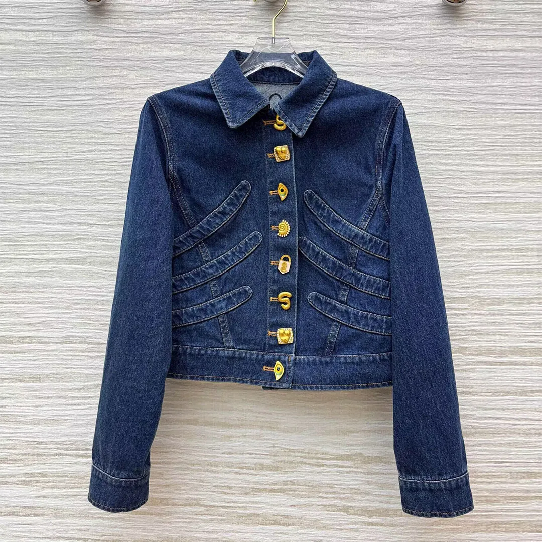 

2025 New Autumn High Quality Slim Fit Short Design Blue Denim Jacket Women Lapel Gold Buttons Long Sleeve Patchwork Vintage Coat