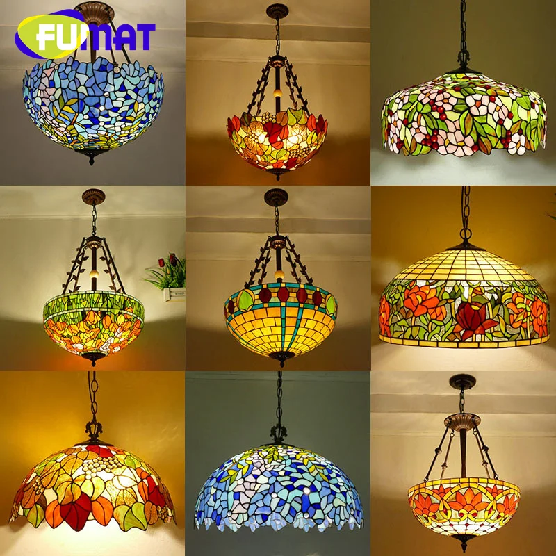 

FUMAT Tiffany style stainedglass 20inch vintage Wisteria chandelier inverted pendant light for restaurant bedroom hallway decor