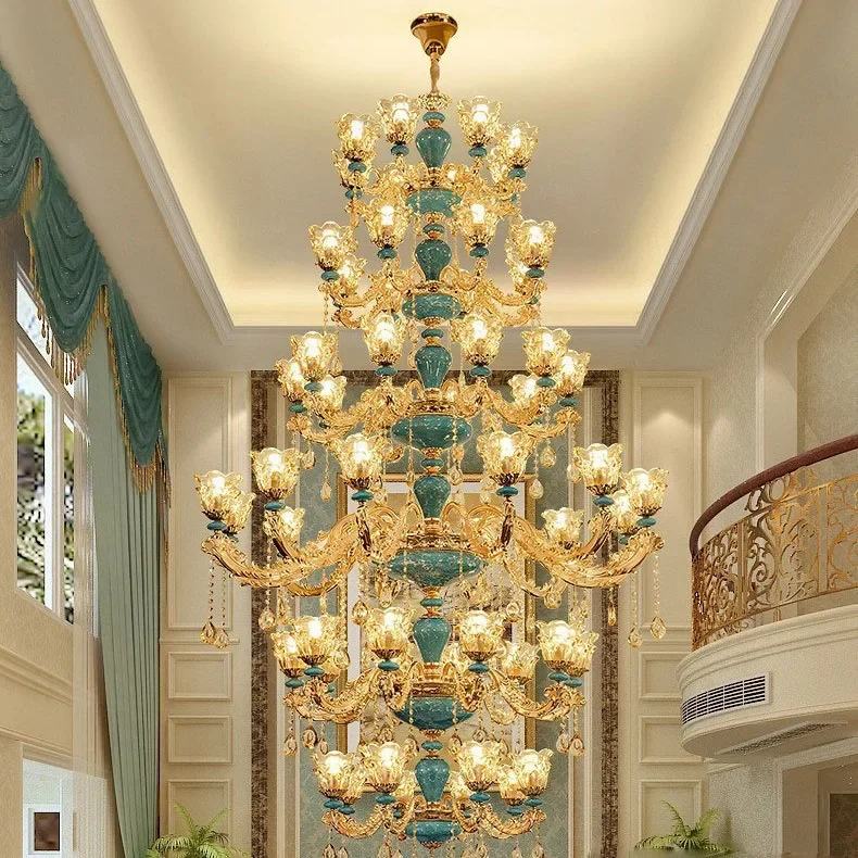 Duplex building living room chandelier crystal staircase hall hotel light