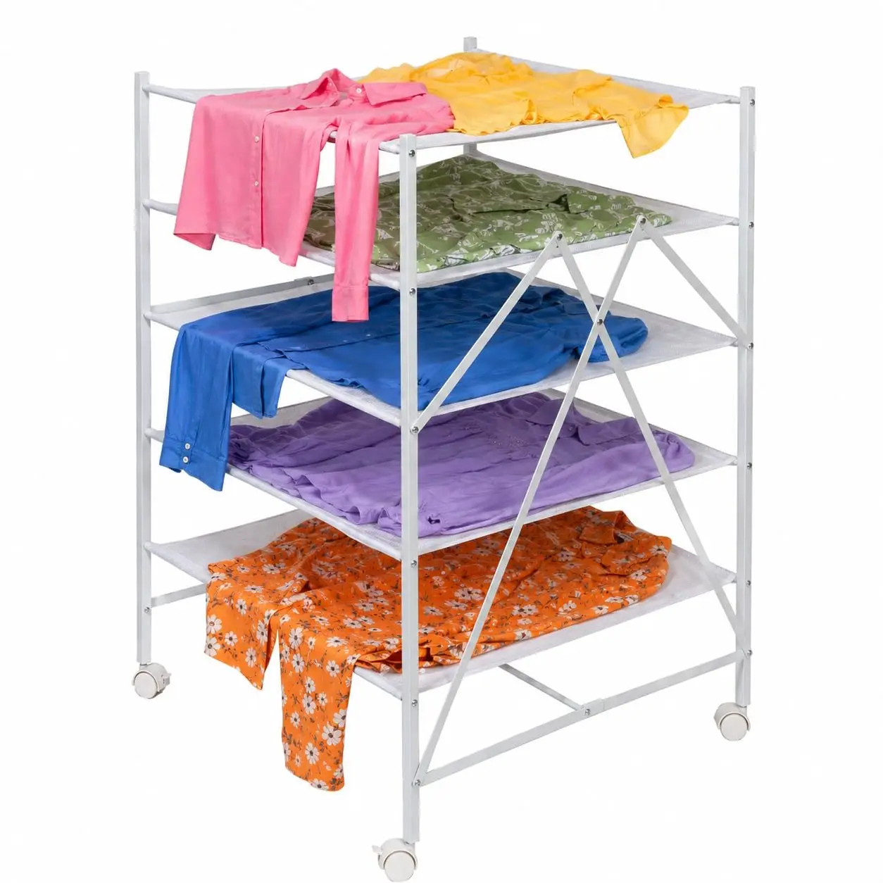 5-Tier Mesh Laundry Drying Rack With Wheels Foldable Rolling Clothes Rack For Sweaters Delicates White