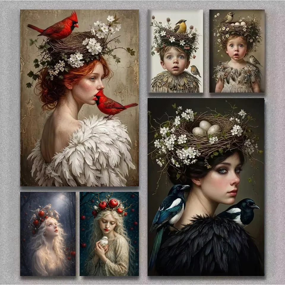 DIY Diamond Painting Kit,Bird's Nest On a Person's Head 5D Diamond Mosaic Embroidery Cross Stitch Wall Art Decoration