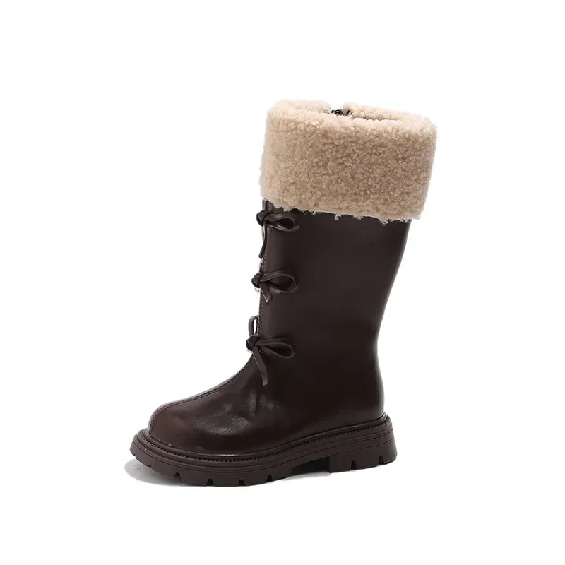 Children Cotton Leather Boots for Girls 2025 Winter New Fashion Korean Style Sweet Bowtie Non-slip Catwalk Chic Trendy Shoes