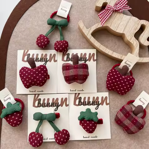 Korean Sweet Fabric Dot Grid Cartoon Fruit Hairpin 2025 Autumn New Cute Girl Hair Headropes Children's Princess Hair Accessories