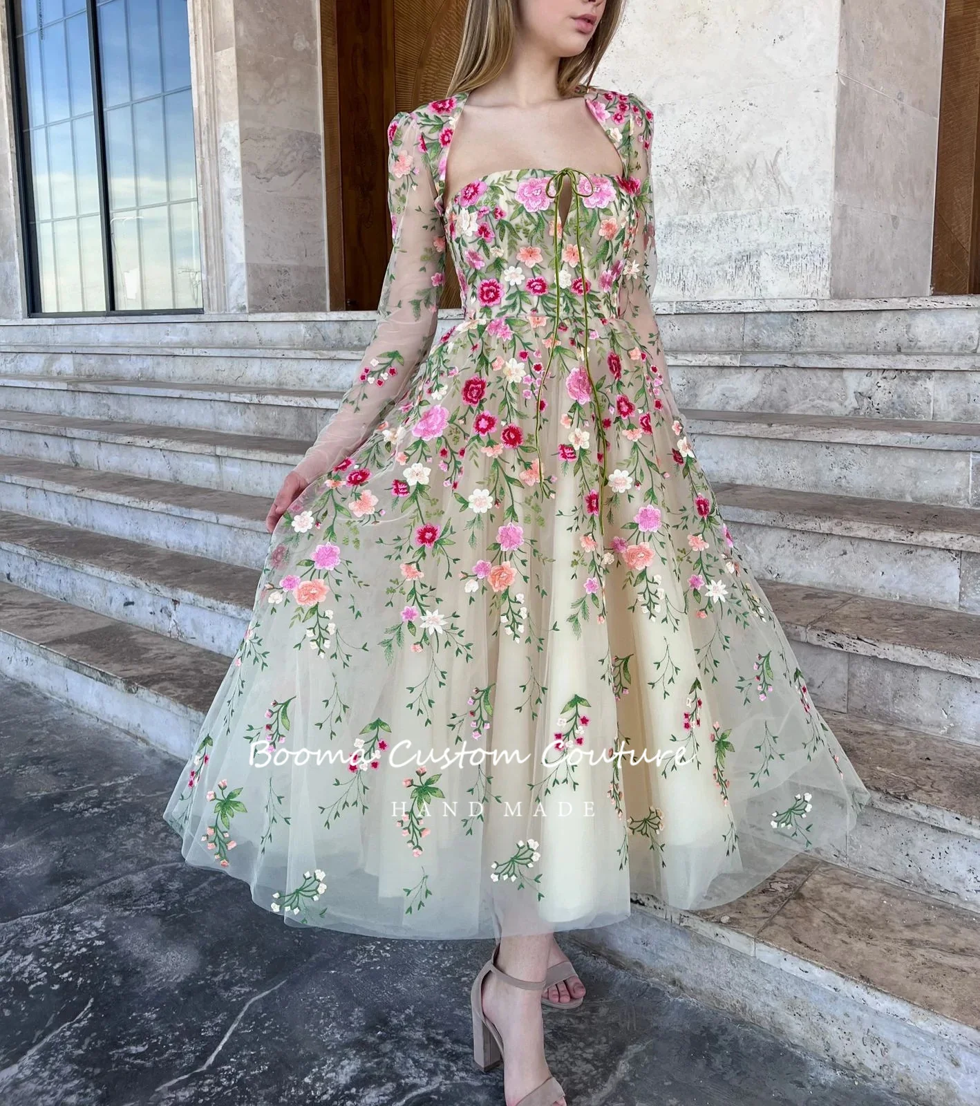 Booma Floral Embroidery Lace Midi Prom Dresses Queen Anne Long Sleeves Tea-Length A-Line Wedding Party Dresses Open Back