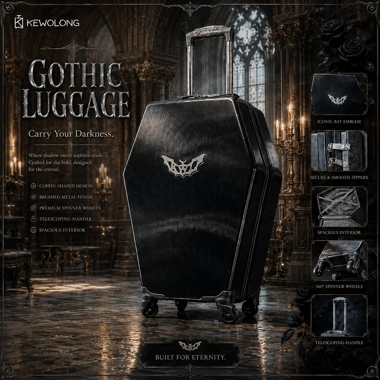 Gothic Coffin Shape 20 Inch Carry‑on Luggage Hard Shell Trolley Suitcase Gothic Subculture Box Spinner Wheels for Alt Fashion