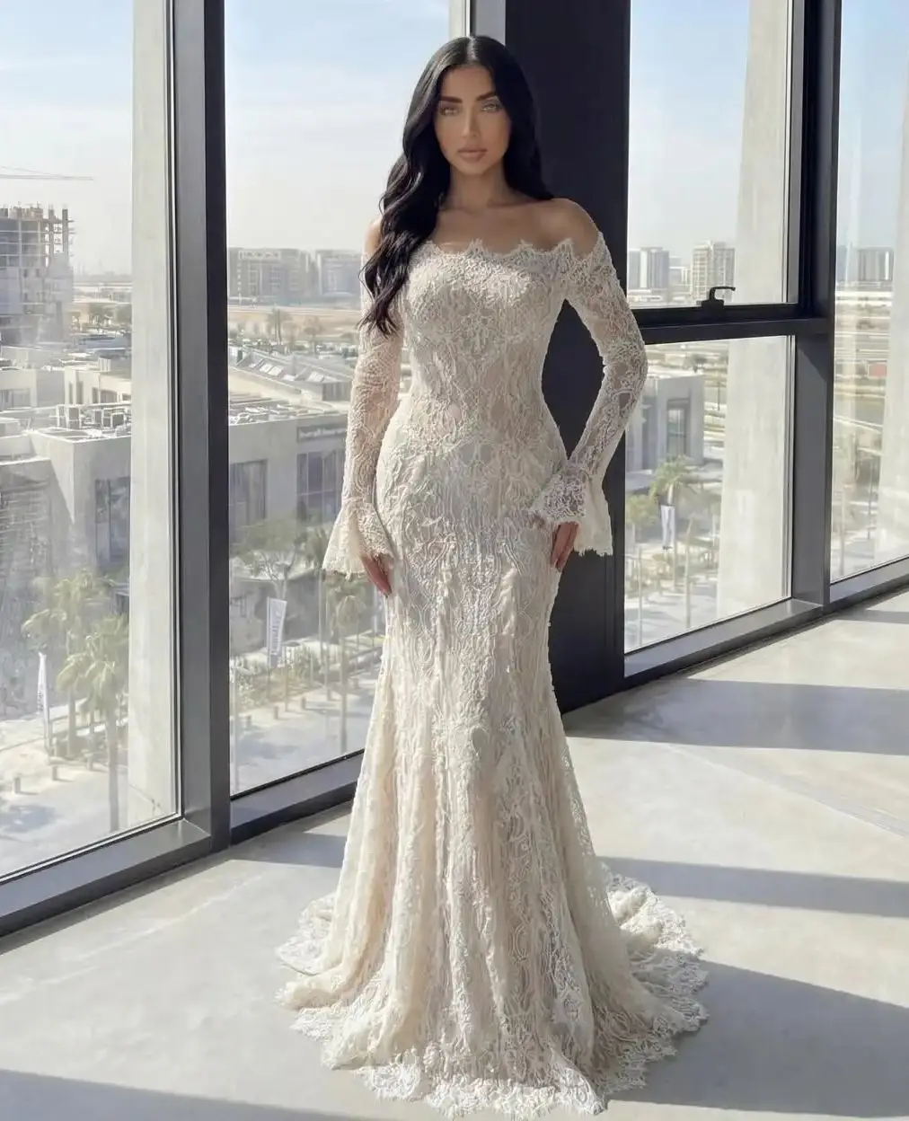 

Customized Elegant Off-Shoulder Lace Mermaid Wedding Dress for Women Long Bell Sleeve Bridal Gown Evening Dress New Design