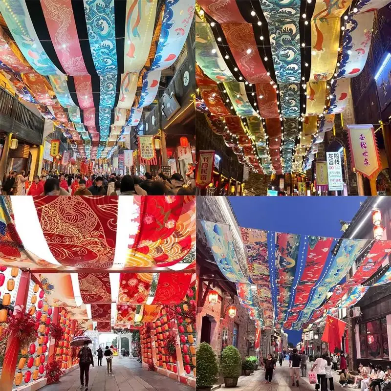 VIKAMA Ukiyo-e Crane Ceiling Hanging Curtain Strip, Sakura & Wave Print Vertical Banner Room Divider for Mall Shop Decor