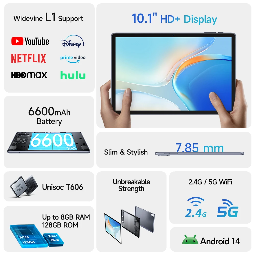 Ulefone Tab W10 Tablet 10.1 ''Hd + Display 8Gb Ram 128Gb Rom 6600Mah Unisoc T606 Android 14 Tablet