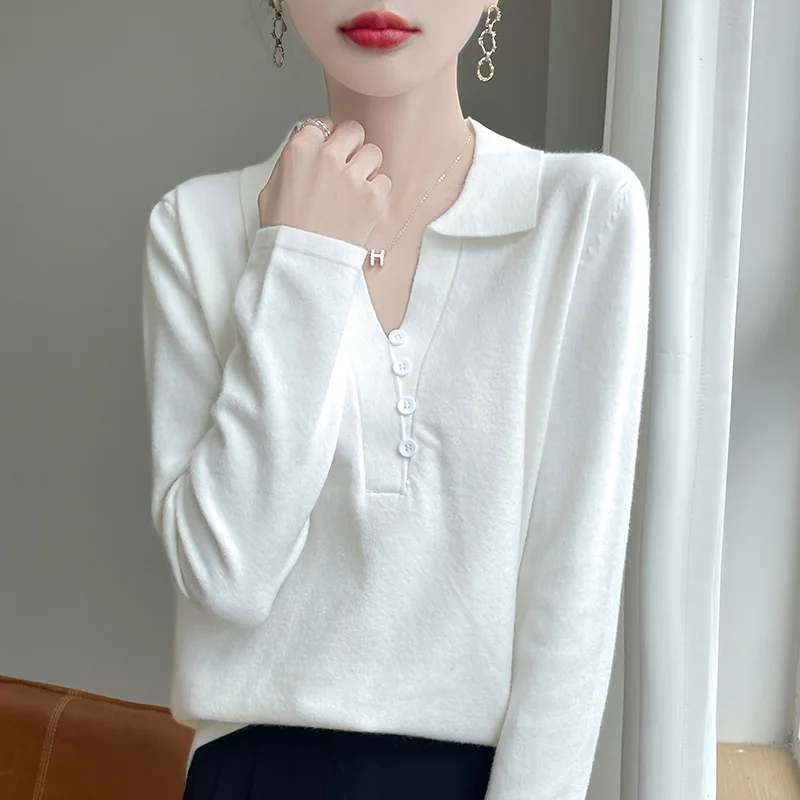 Autumn and winter new 100% pure wool women\'s polo neck sweater loose fashion solid color long sleeve knitted cashmere sweater.