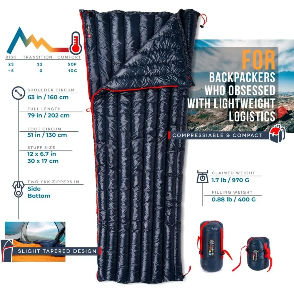 حقيبة نوم مدمجة خفيفة الوزن 650 قابلة للطي للمشي لمسافات طويلة وحقائب الظهر، تصنيف درجة حرارة 32-50 فهرنهايت، 27 أونصة خفيفة الوزن