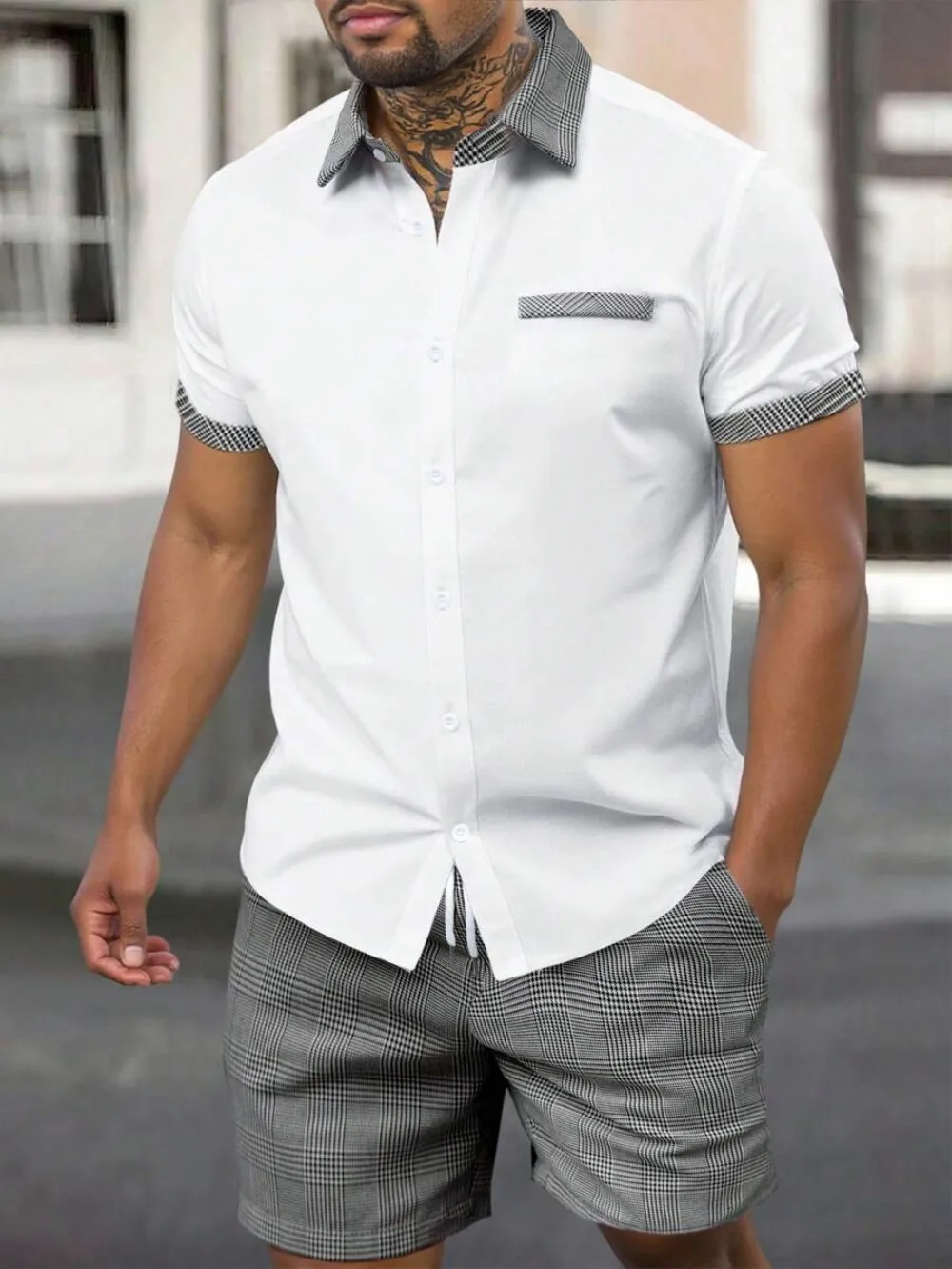 Men's Patchwork Print Shirt, Solid Color, Comfortable and Soft Short Sleeve Top, Plus Size, New Summer Collection