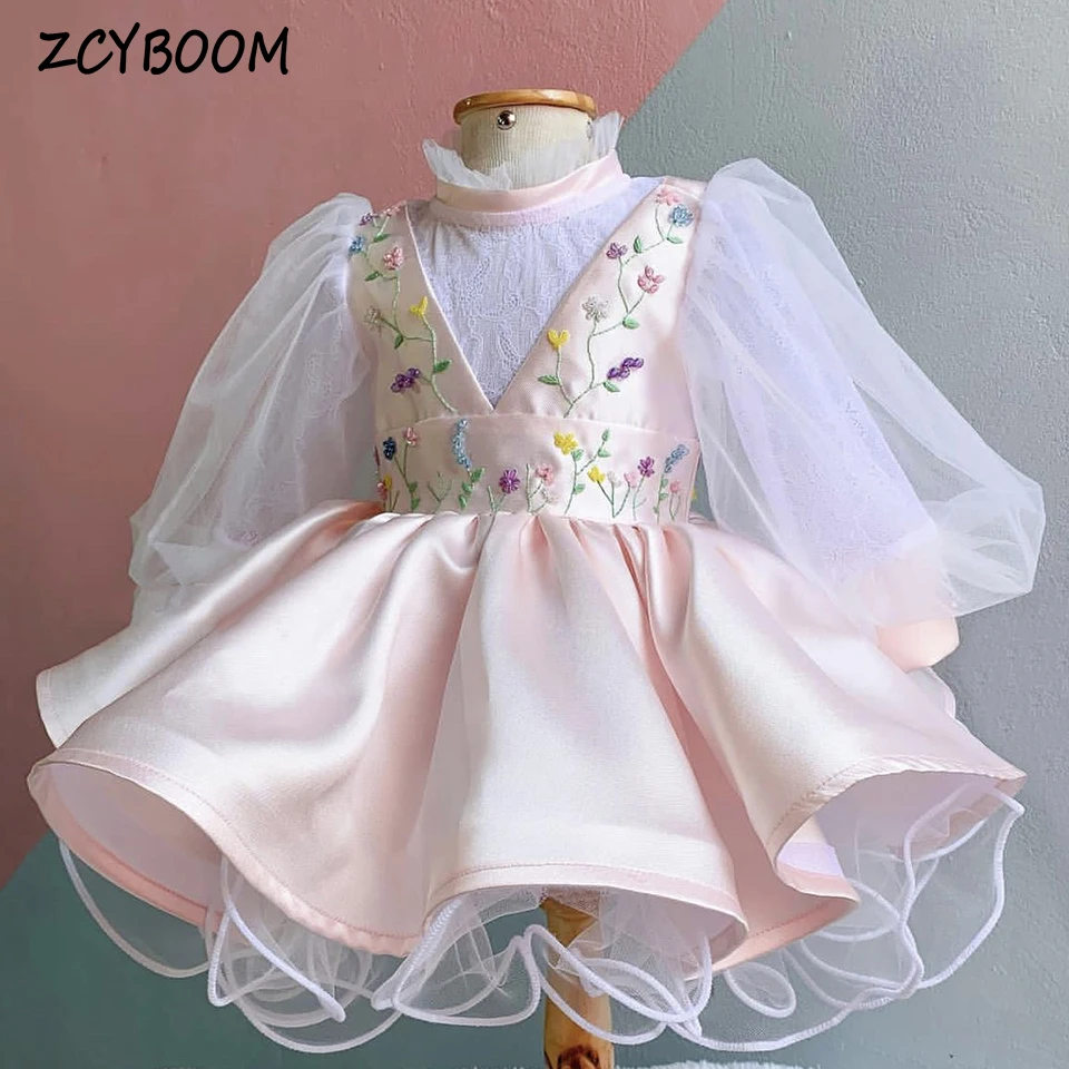 

Customized High-Neck Lantern Sleeves Flower Girl Dress For Wedding 2024 Ball Gown Little princess Stain First Communion Gowns