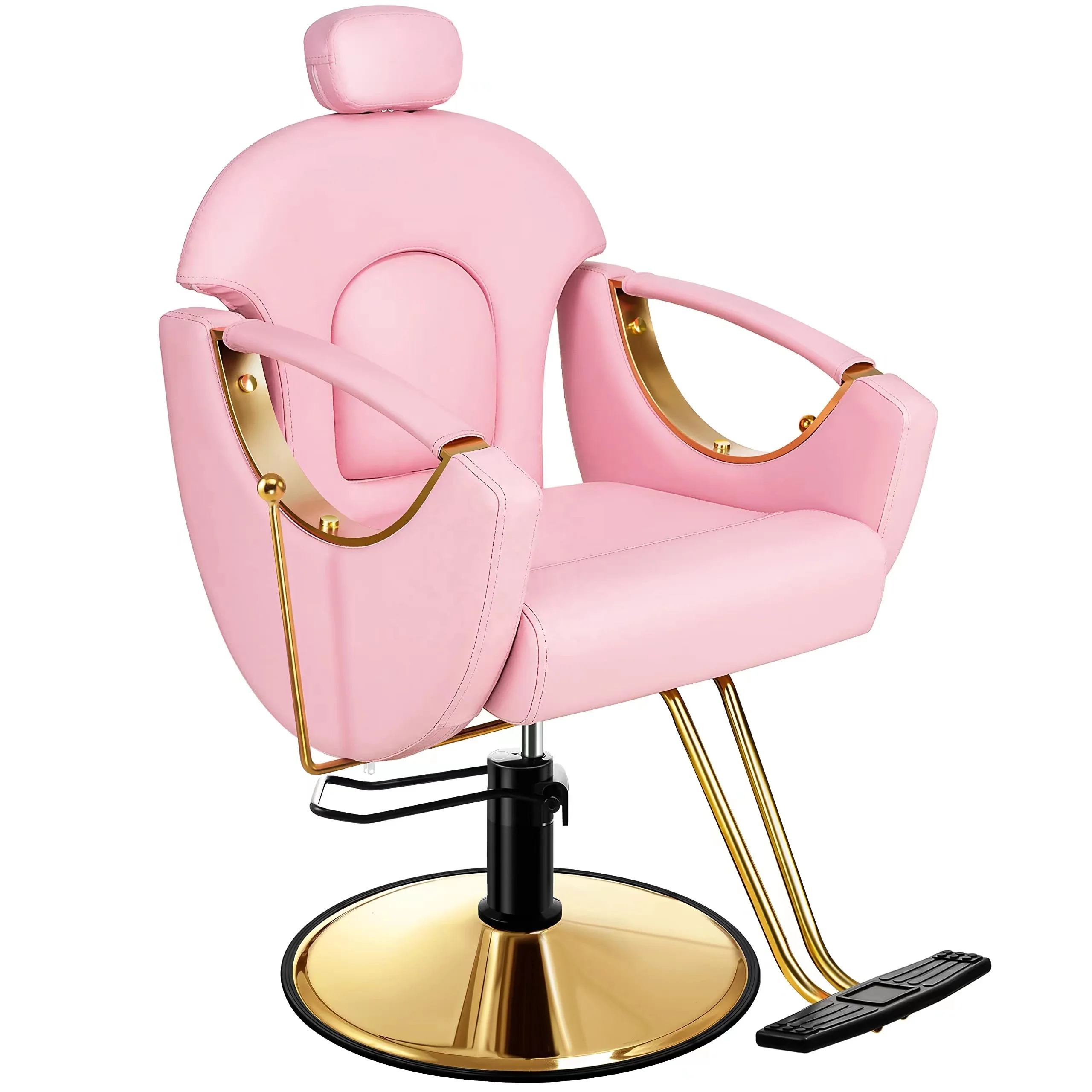 

Pink Barbershop Chair Reclining Gold Barber Chair for Hair Stylist 360 Swivel Salon Styling Chair Furniture