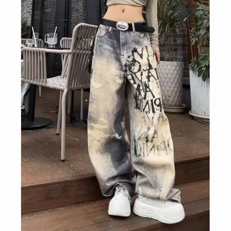 

Gradient Wash Letter Denim Jeans for Women 2025 New Summer Autumn Loose Straight Leg Trousers Slimming Wide Leg Pants