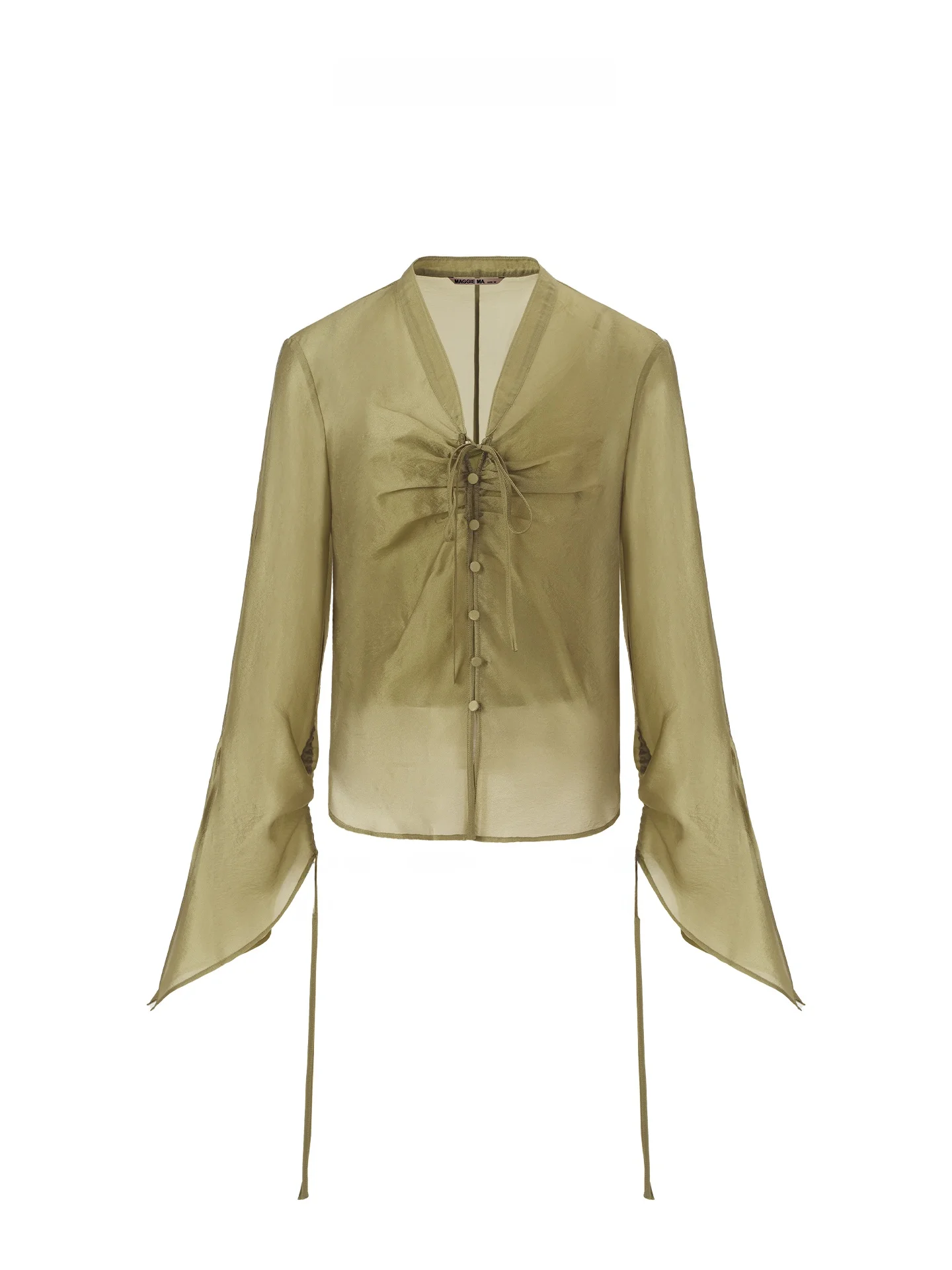 

Рубашка Maggie Ma Anise Green Silk с завязками, 100S, женская, прямого кроя, с длинным рукавом, ультралегкая, медно-аммониевая