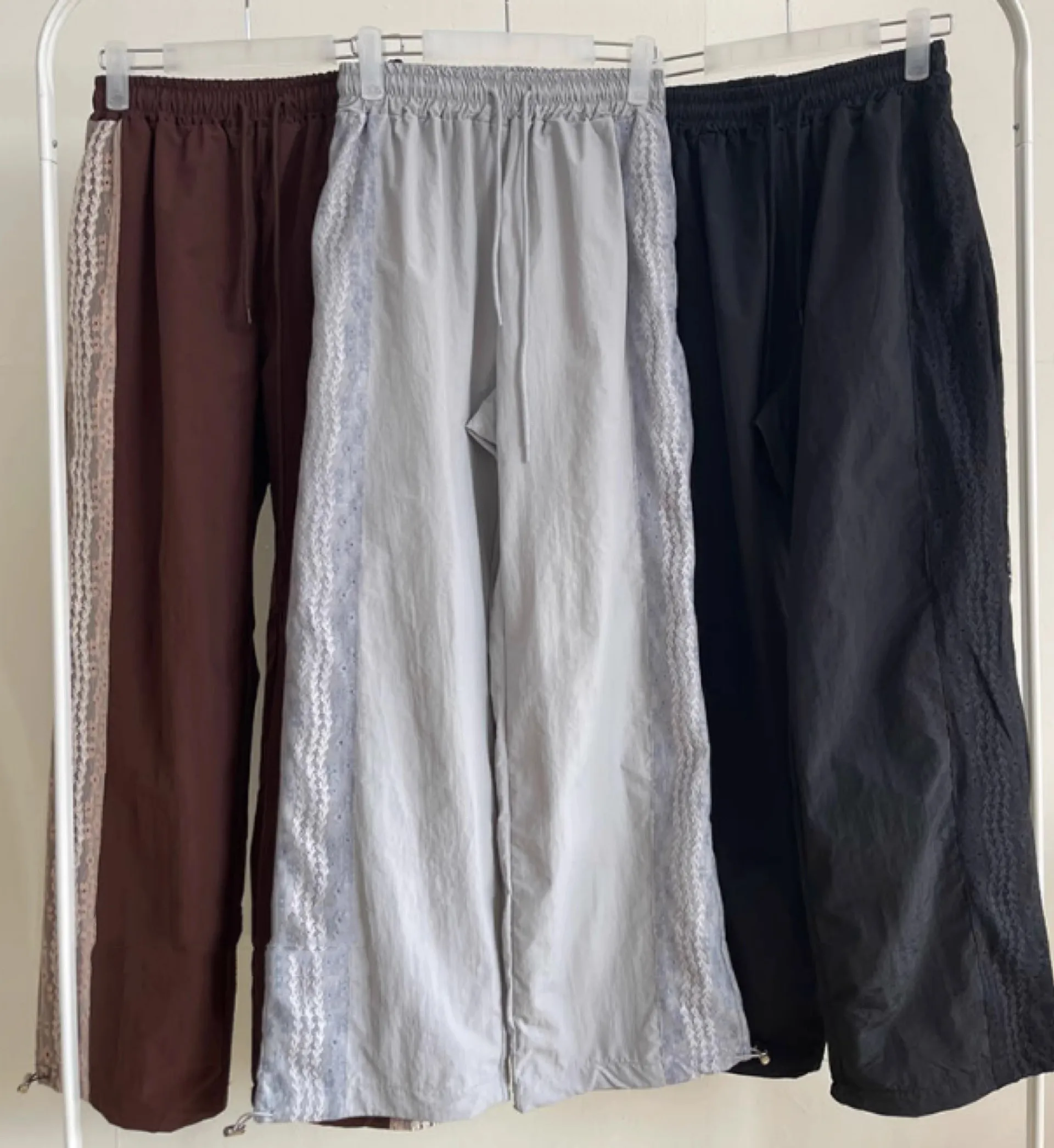 레트로 레이스 스플라이싱 와이드 레그 캐주얼 바지 하이 웨이스트 롱 나일론 여성 전용 디자인 편안한 출퇴근 스타일