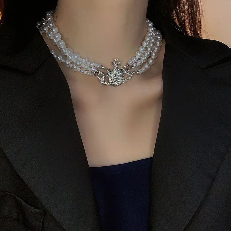 Fashion retro diamond-encrusted pearl chain necklace multi-layer planet neck clavicle chain female