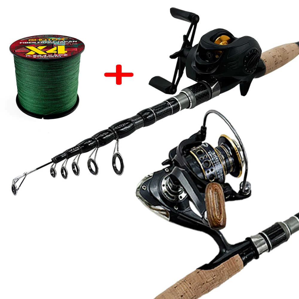 Baitcasting Fishing Rod Kits Carbon Telescopic Lure Rod and Metal Spool Reel Max 8kg With Line for Freshwater Bass Set 1.8-2.4m