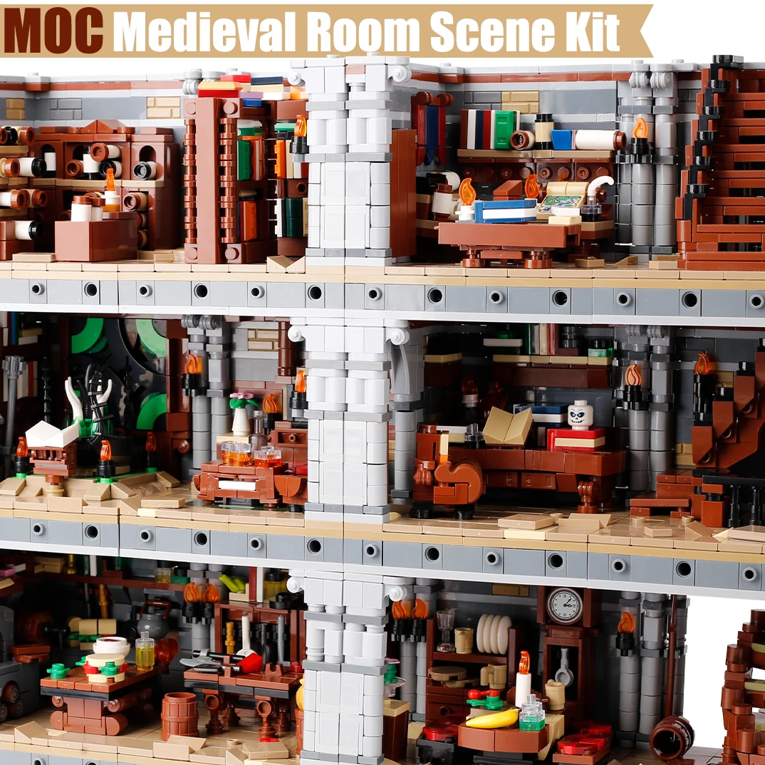 

MOC Medieval Castle Room House Building Blocks Kit Middle Age Study Staircase Map Bricks Assemble Toys Gift