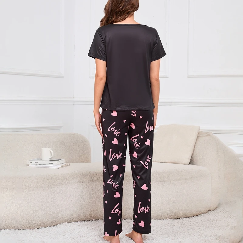 Women Short Sleeve Tee Top & Pants Pajama 2 Piece Autumn Heart Print Pajamas Set Soft Comfort Sleepwear Home Clothes Pyjama Suit