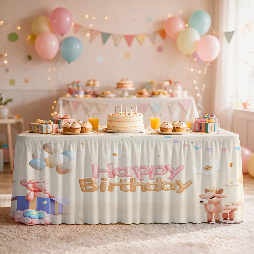 1-Pack Cute Cartoon Printed Happy Birthday Tablecloth Table Skirts for Indoor Birthday Party Decorations
