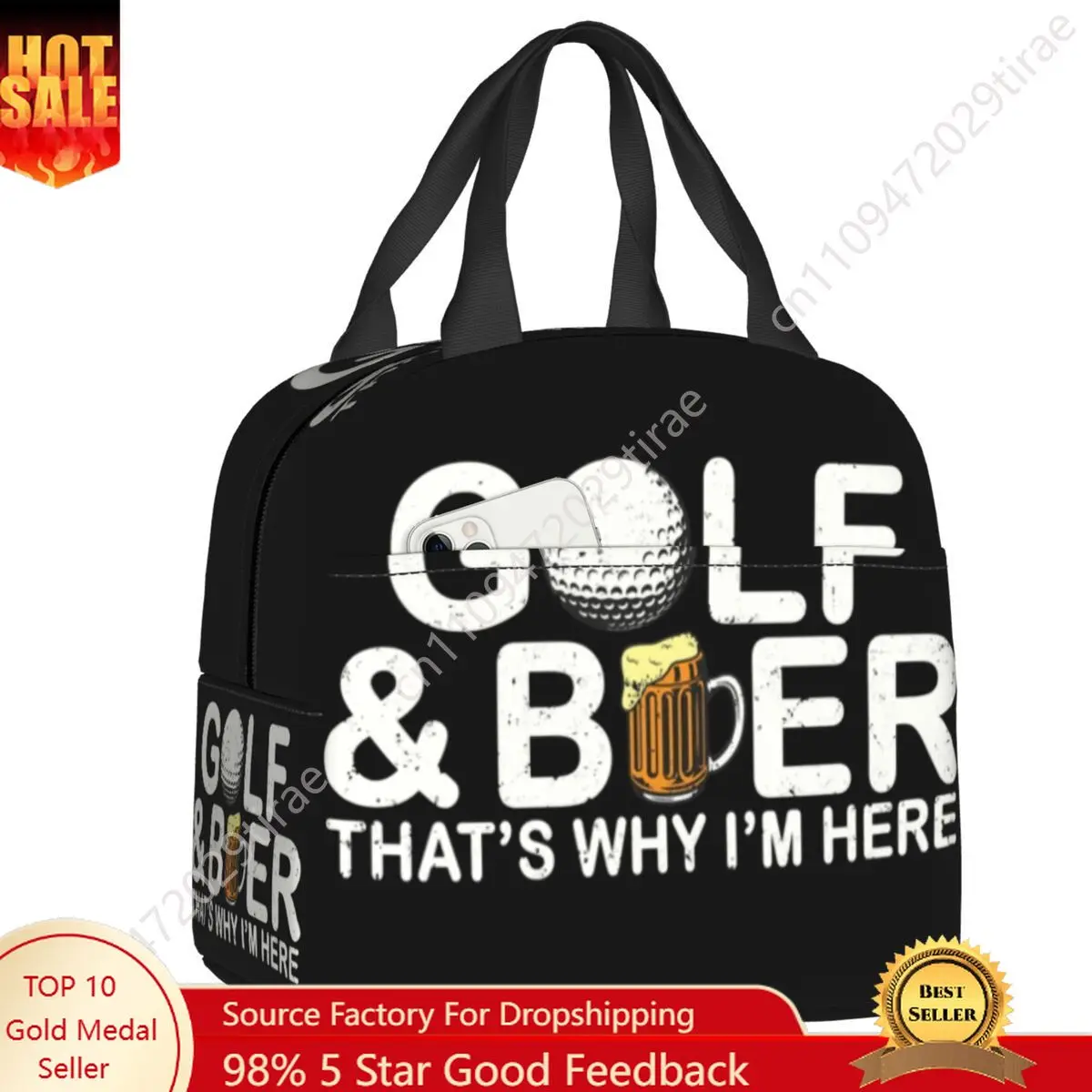 Golf And Beer Insulated Lunch Bag for Women Resuable Sports Golfing Golfer Thermal Cooler Bento Box Office Work School