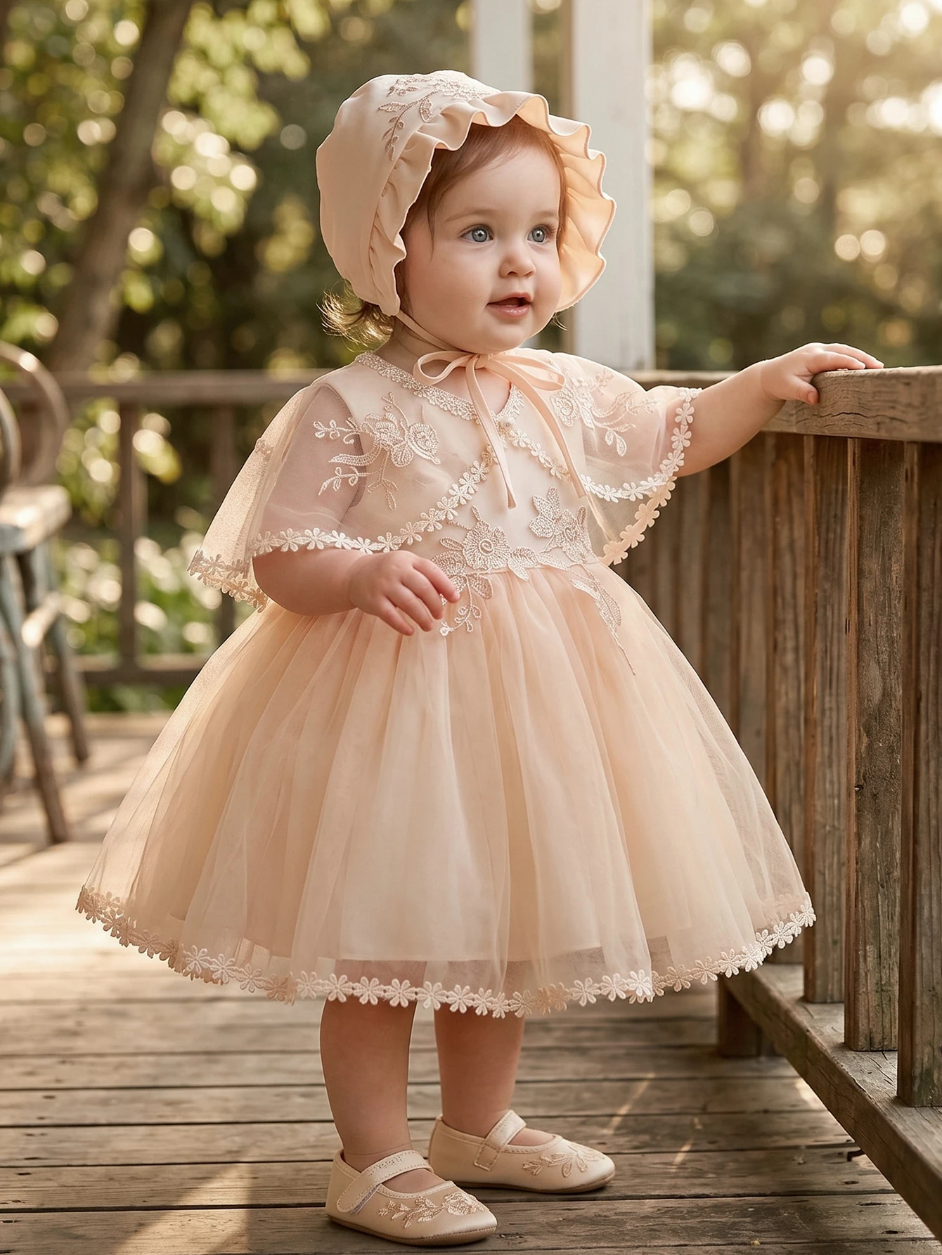 Baby Girls Champagne Lace Cape Tulle Dress With Bonnet Floral Trim Elegant Princess Gown For Birthday Event Ceremony Celebration