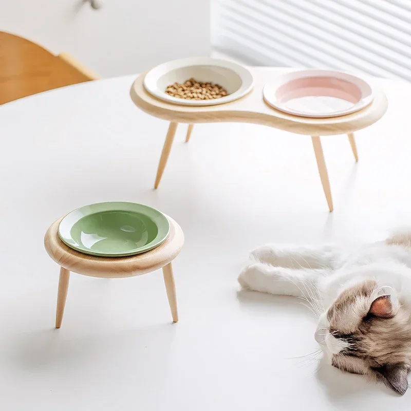 

Pretty ceramic oak high shelf tableware set Puppy double food bowl small dog water bowl stand Cat pink feeder Pet supplies