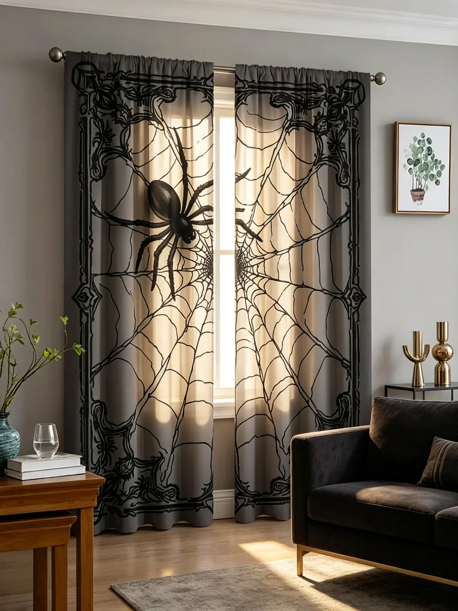 Spooky Halloween Spider Web Curtain sheer window drapes gothic macabre spooky seasonal home decor curtain panel