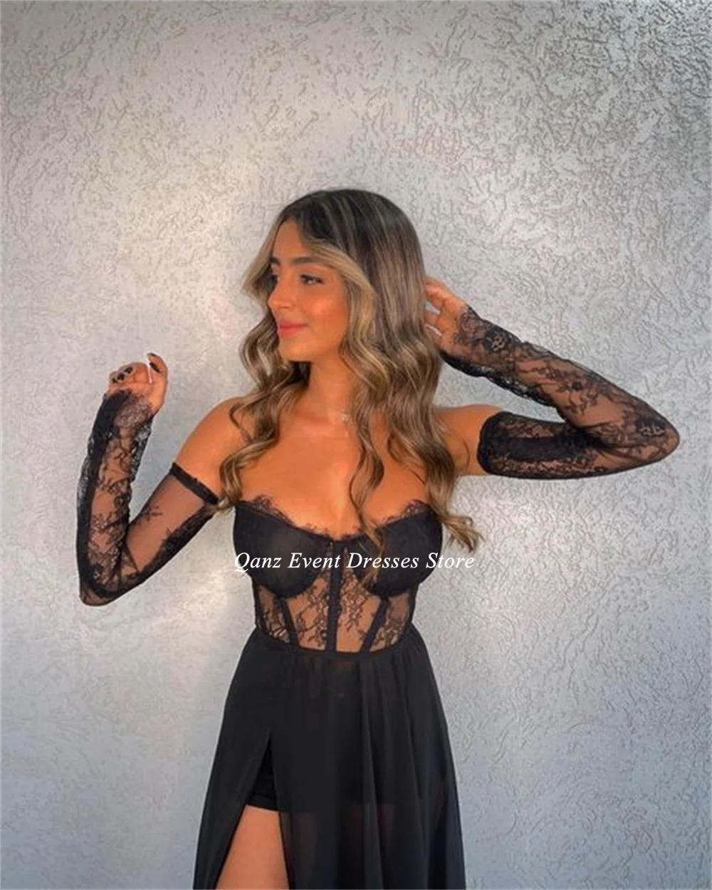 Qanz Modern Lace High Slit Prom Dress Women Black Long Sleeves Dress Party Evening Elegant Luxury Celebrity Dress Party Night