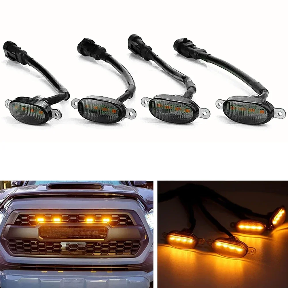 4pcs/set Universal Car LED Grille Light Yellow Amber Decoration Lights Wire Harness Daytime Running Grill Light Fog Lamp 12V